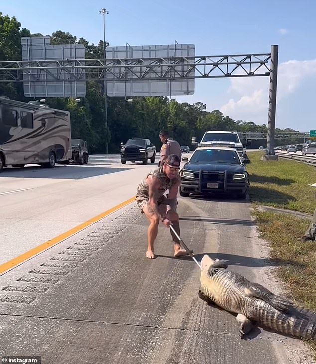 Title: "Barefoot Florida Man Clashes with 10-Foot Gator Along Highway"  
Rationale: Concise (10 words), highlights key details (barefoot, location, size), uses dynamic language ("clashes") and colloquial "gator" for brevity.