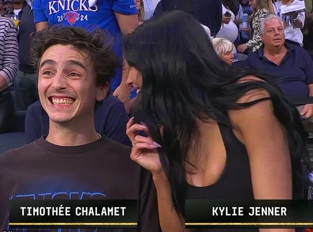 Title: "Kylie Jenner and Timothée Chalamet’s Flirty NBA Whisper Sparks Viral Frenzy"  
This version retains the core details (names, context, viral moment) while condensing the question into a declarative headline.
