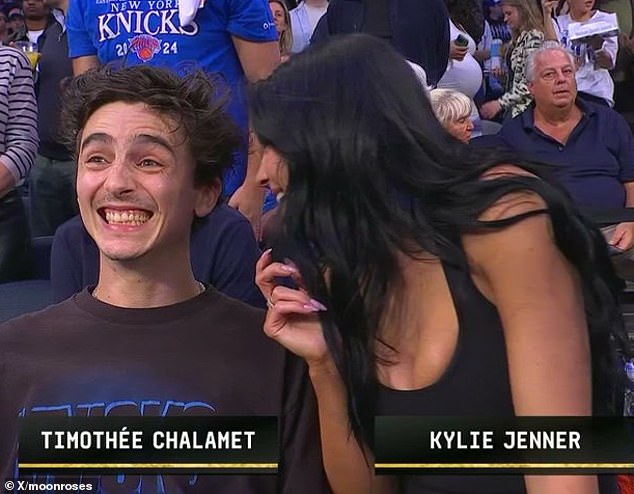 Title: "Kylie Jenner and Timothée Chalamet’s Flirty NBA Whisper Sparks Viral Frenzy"  
This version retains the core details (names, context, viral moment) while condensing the question into a declarative headline.