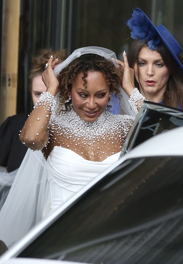 Mel B Arrives at St Paul’s Cathedral Wedding in Pearl-Adorned White Gown; Emma Bunton Sole Spice Girl in Attendance