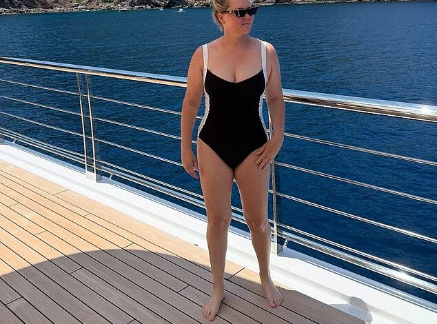 Title: Amy Schumer Showcases Slimmer Figure in Swimsuit Following Ozempic Experience  
This version maintains the core details (her appearance, swimsuit, Ozempic reference) while using neutral, factual language and omitting sensational phrasing.