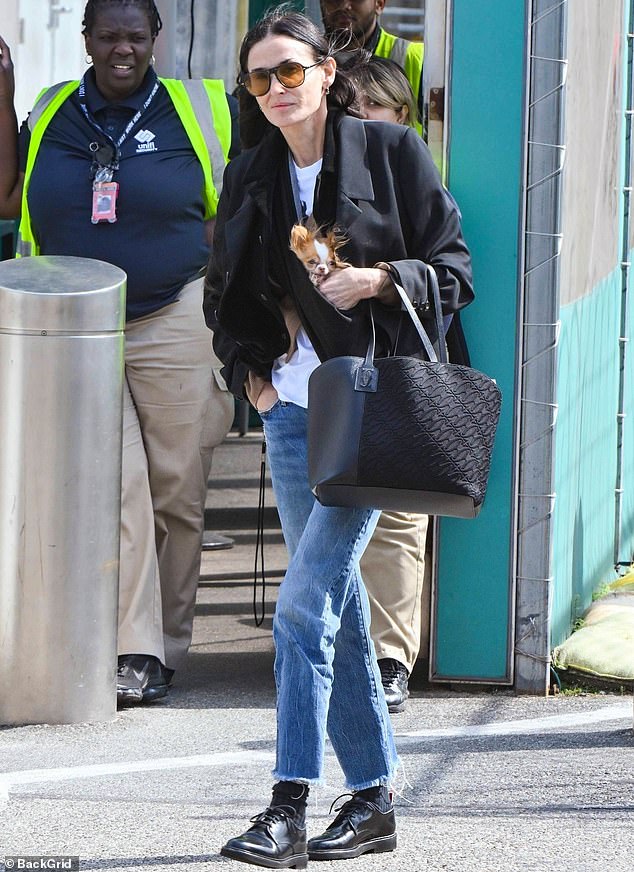 Demi Moore Carries Dog en Route to JFK Airport Following Candid Comments on Ex Bruce Willis’ Dementia