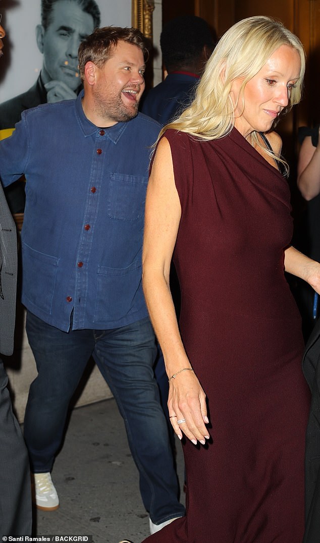 Title: James Corden and Wife Julia Carey Celebrate His Triumphant Broadway Comeback Following Rave Opening Night Reviews
This version retains the core elements—his success ("triumphant"), the Broadway comeback, the positive reviews, and his wife’s presence—while streamlining the structure for clarity and flow.