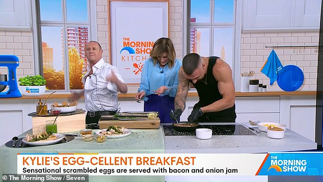 Title: Larry Emdur Sparks Chaos on The Morning Show with Impromptu Striptease and Food Fight, Stunning Co-Host Kylie Gillies  
Reasoning:  

Replaced colloquial phrases ("goes rogue," "gobsmacked") with more universally understood terms ("sparks chaos," "stunning").  
Streamlined the sequence of events using concise language ("impromptu striptease," "food fight").  
Maintained emphasis on the co-host’s reaction while avoiding informal punctuation (ellipsis).  
Ensured clarity and professionalism while preserving the headline’s sensational tone.
