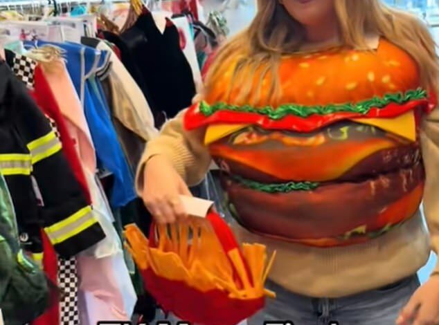 Pregnant Perrie Edwards Sports Burger Costume During TK Maxx Halloween Outfit Hunt